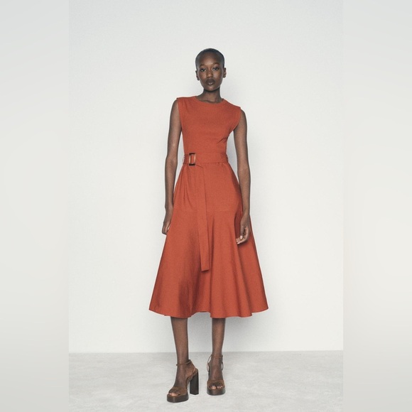 Zara Dresses & Skirts - ZARA | A-line contrast rust colored belted midi dress
